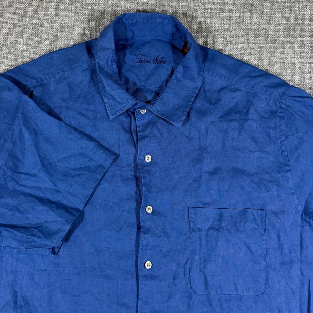 Tasso Elba Linen Button Down Shirt Mens XXL Blue Short Sleeve Coastal Beachy